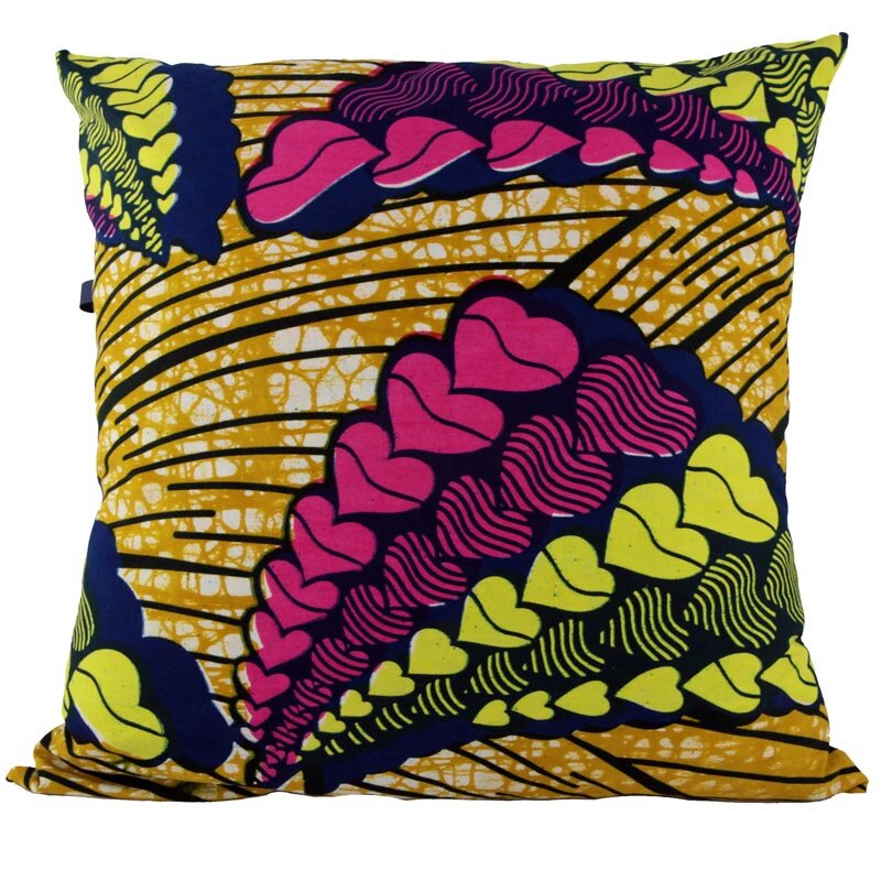 African print cushion in blue pink and chartreuse